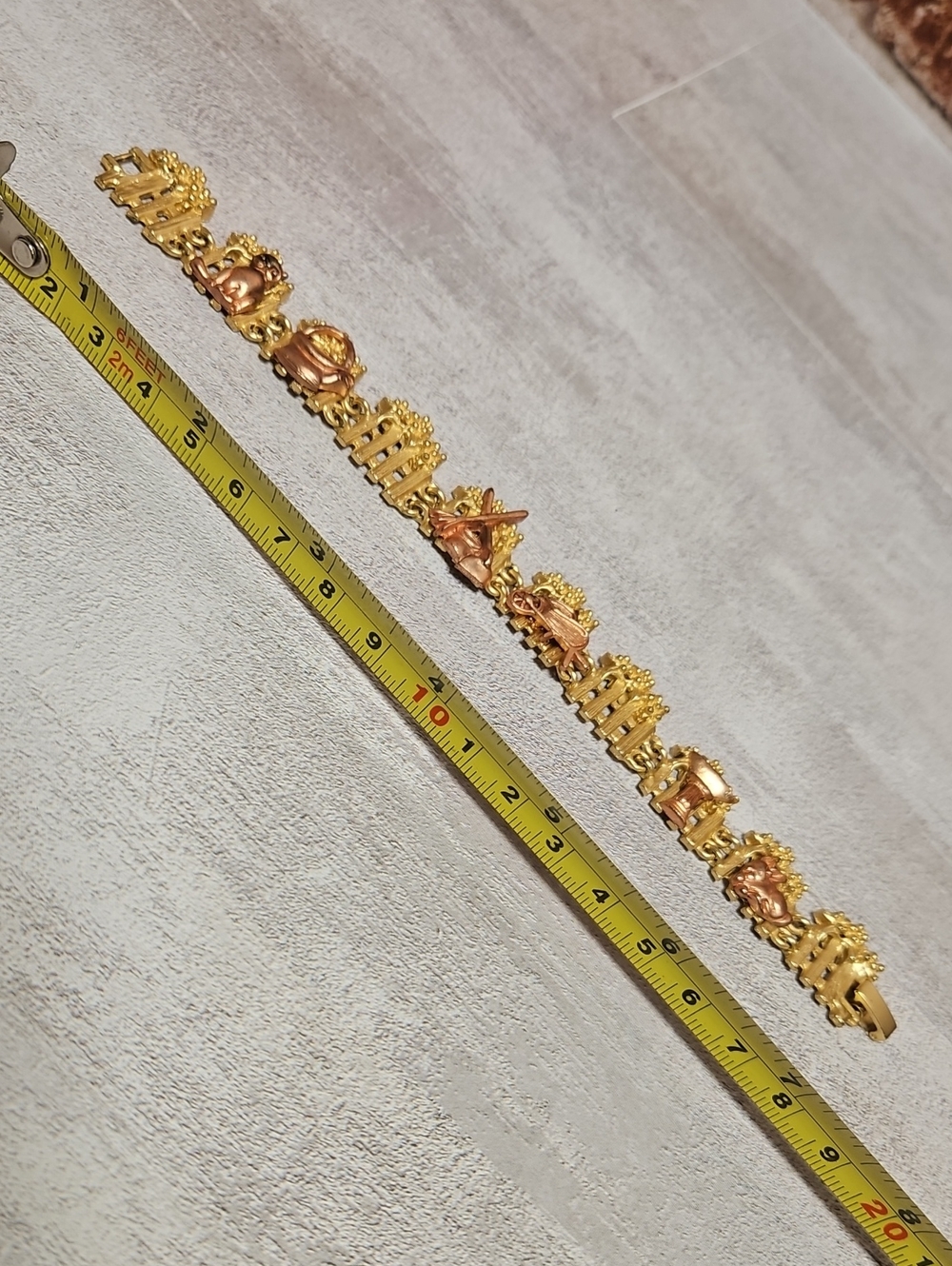 Vintage Unsigned AJC Style Garden Fence Two Tone Link Charm Bracelet Cat Rabbit